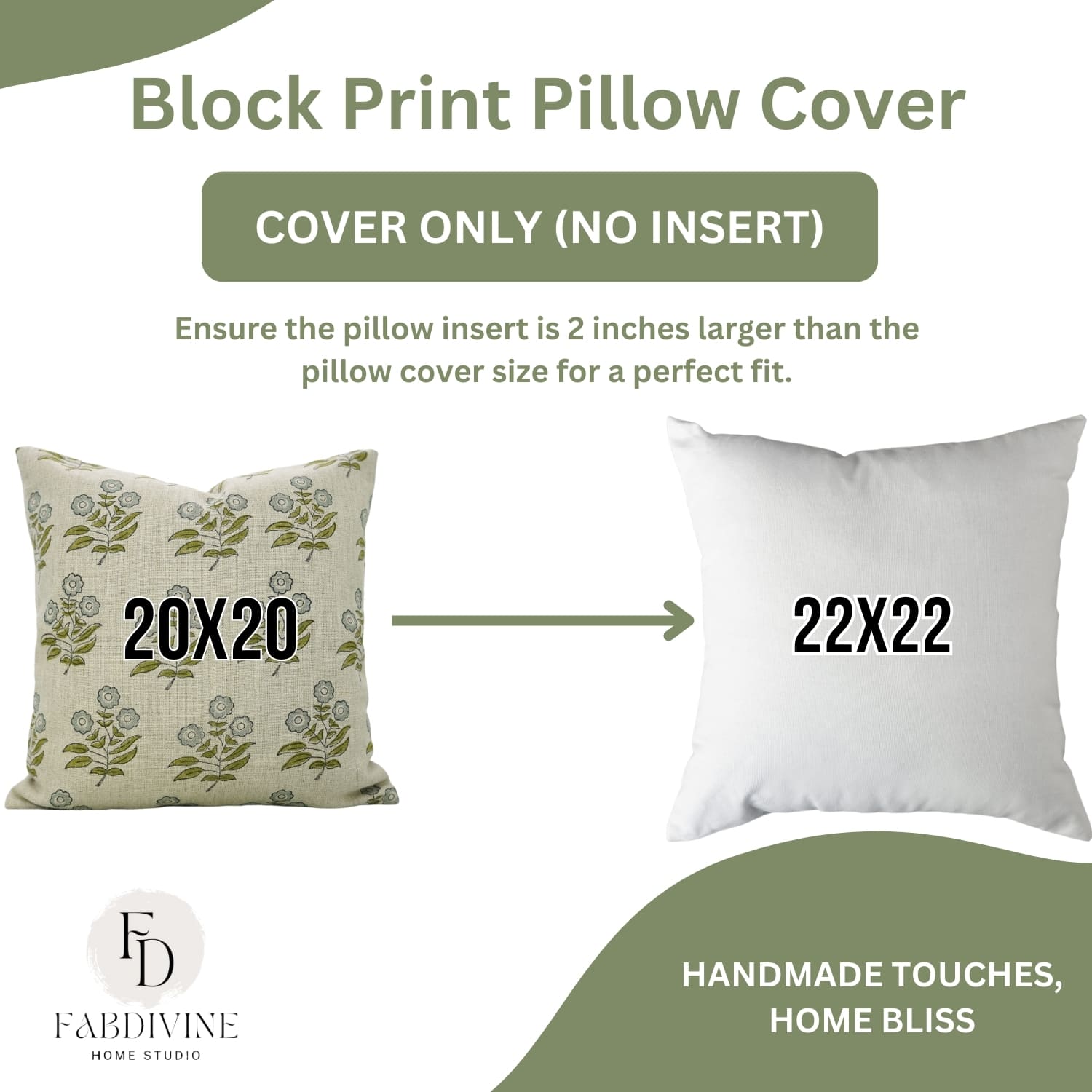 Block print pillow cover with dimensions and Fabdivine branding on a white background