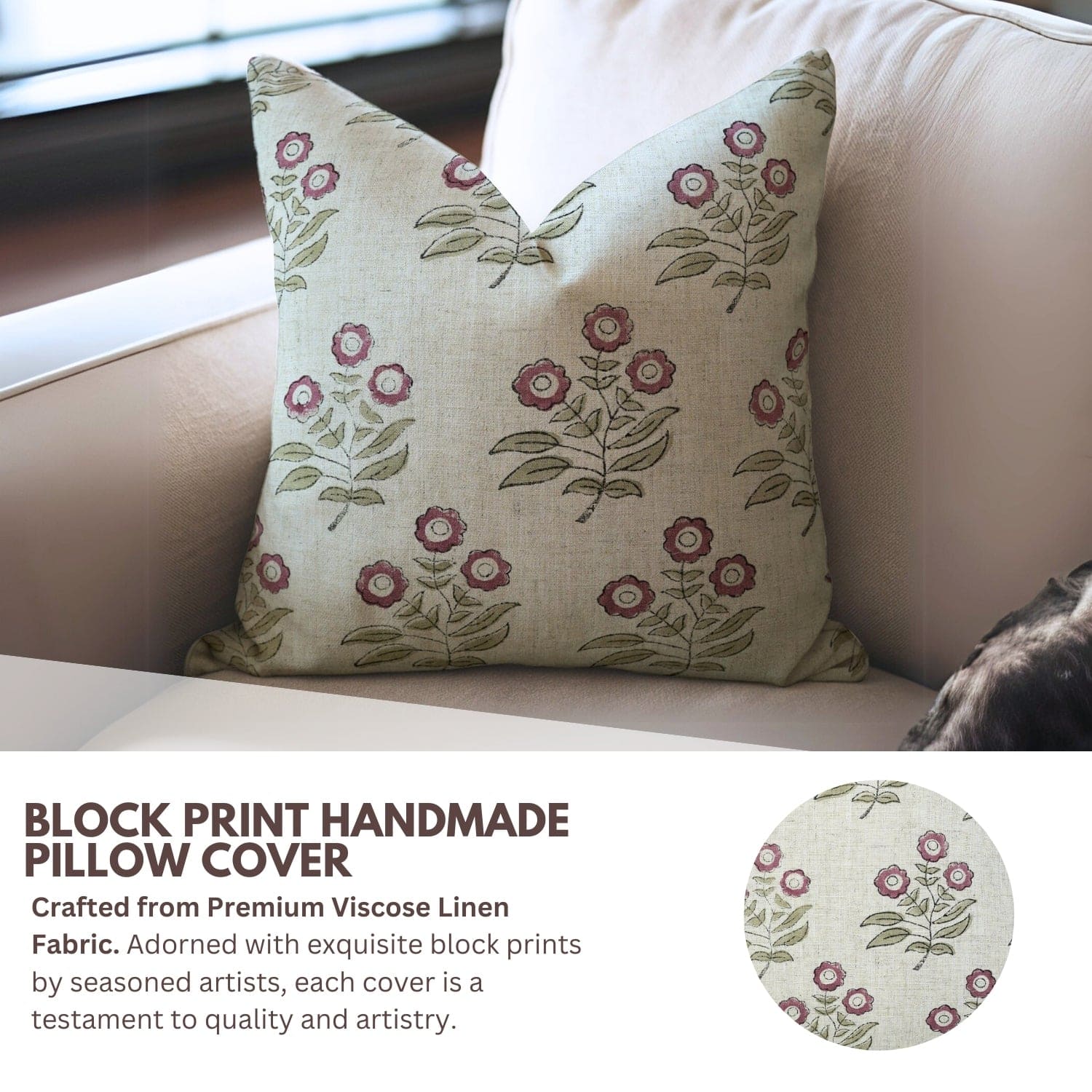 Floral patterned pillow on a couch with product description text.


