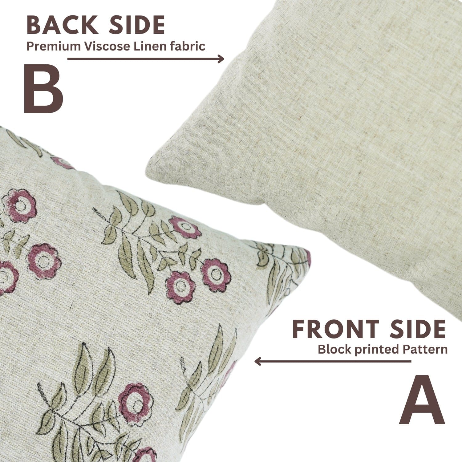 Two pillows showing front and back sides with floral patterns 