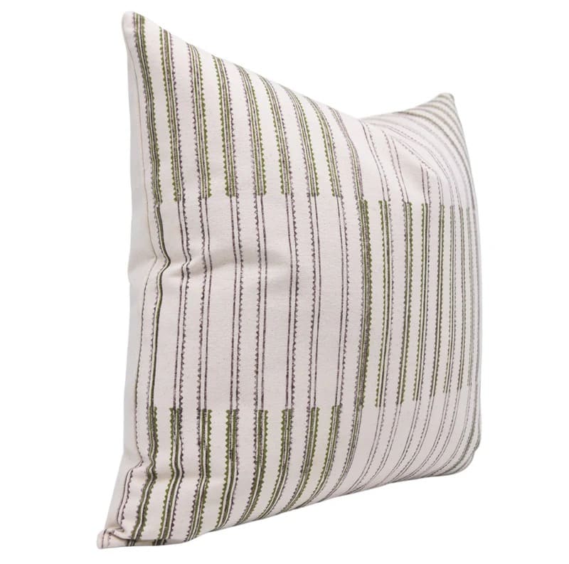 Striped pillow with green and brown pattern on a white background