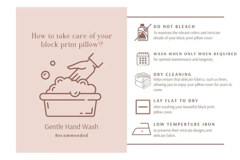Instructions for taking care of a block print pillow on a beige background with text and icons.
