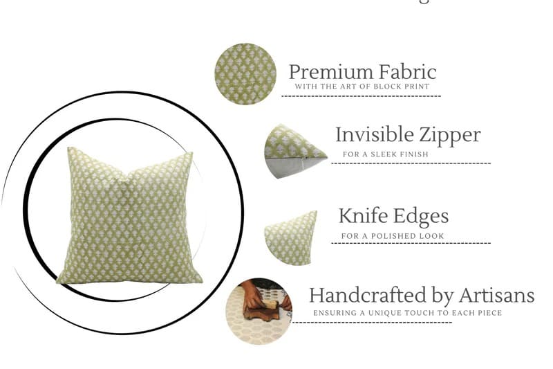 Green patterned pillow with text highlighting features on a white background

