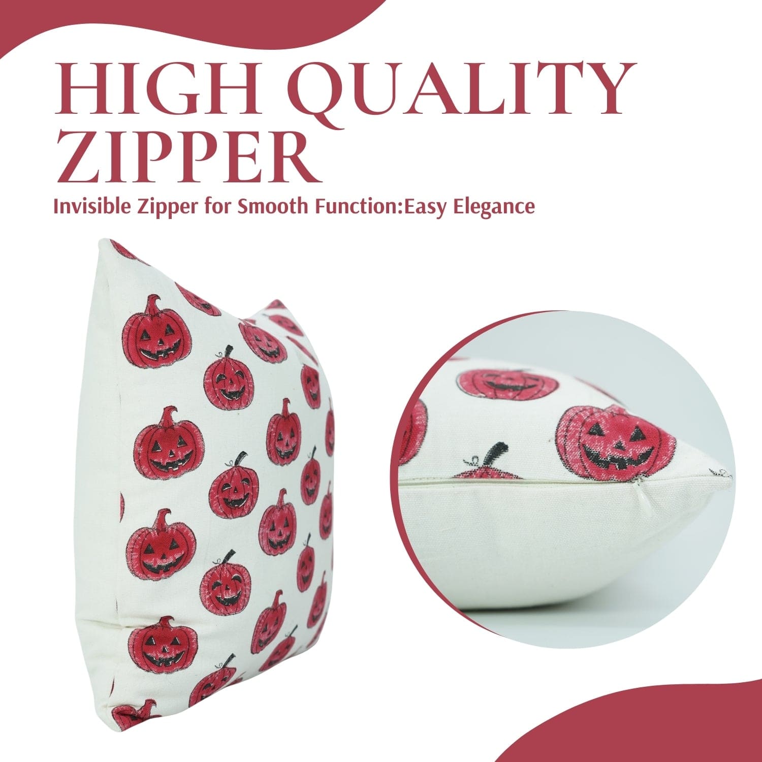 Pillow with pumpkin pattern and zipper, featuring text about high-quality zipper.

