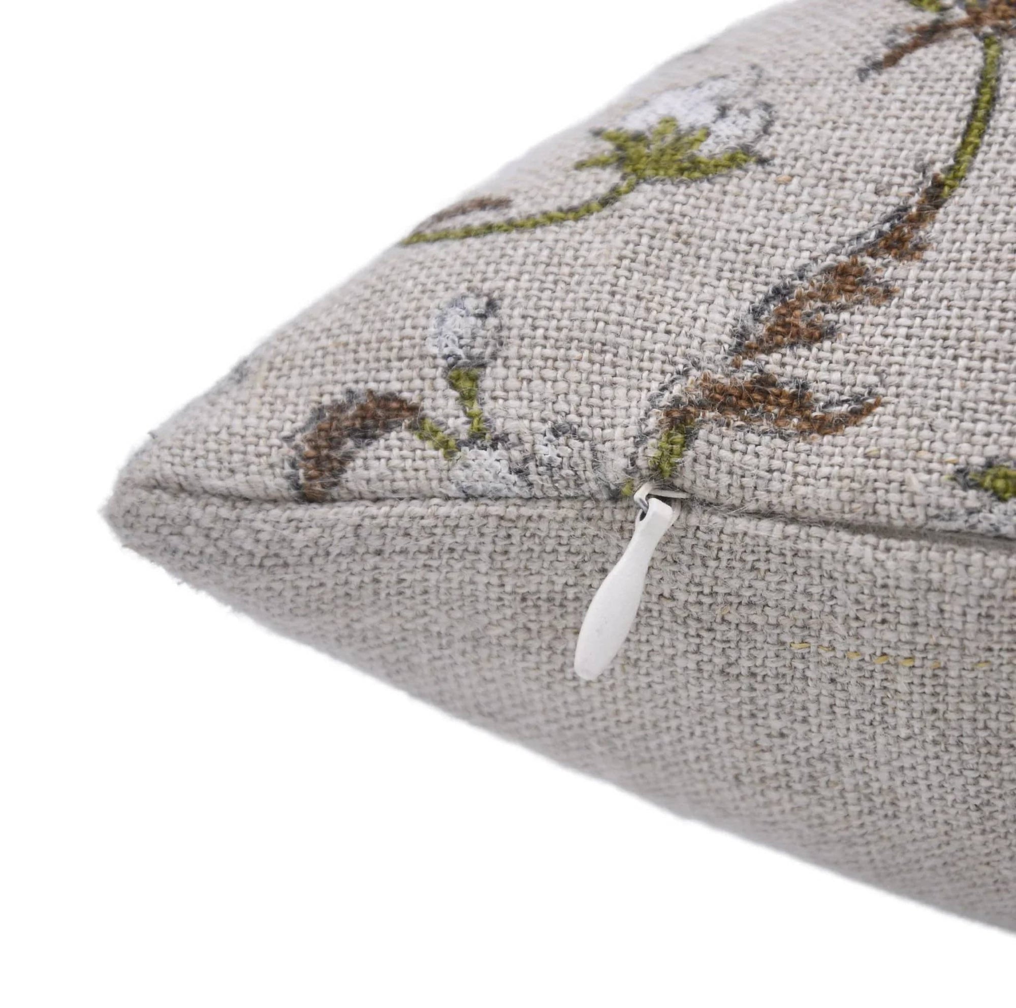 Close-up of a decorative pillow with floral pattern on a white background