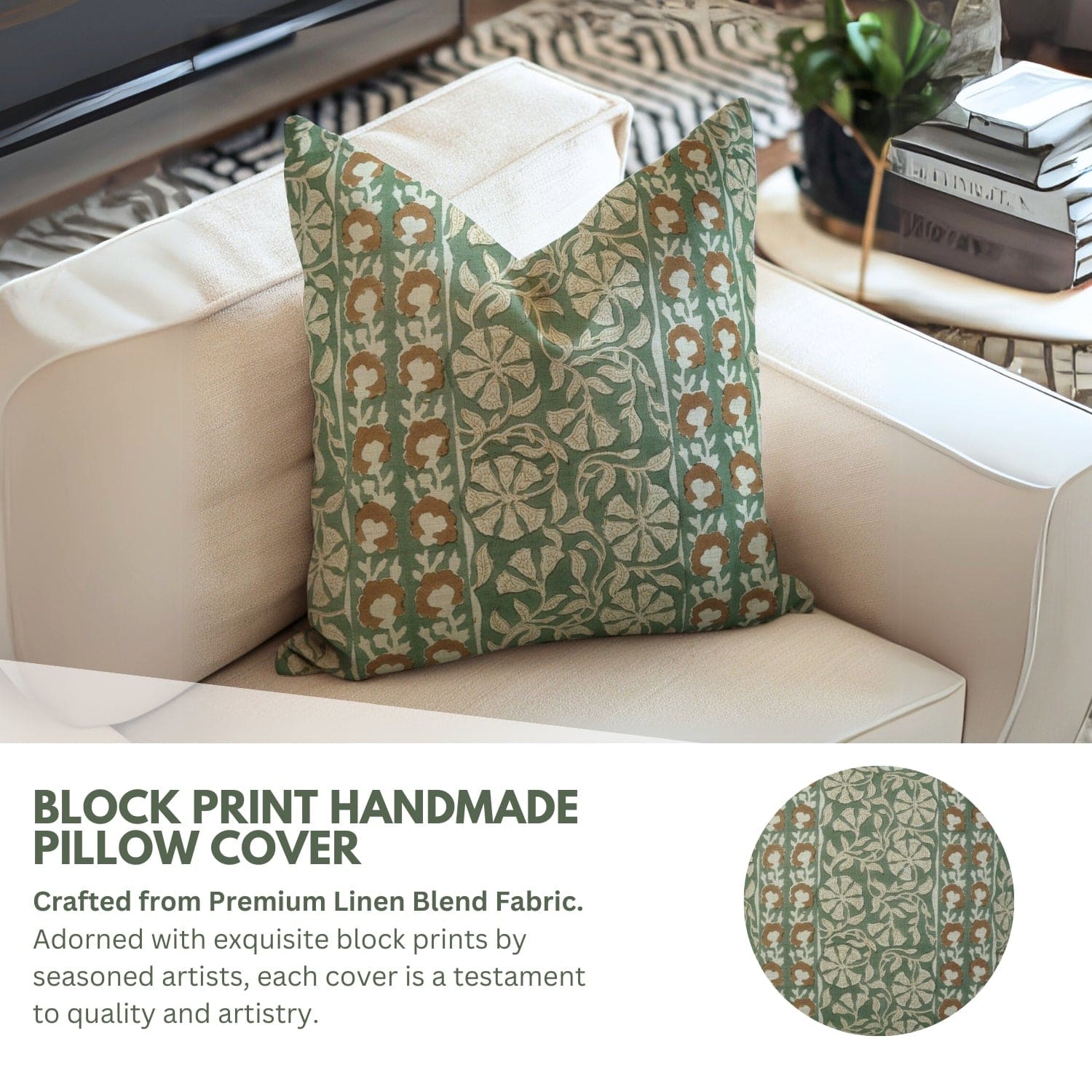 Block print handmade pillow cover on a beige sofa with text describing the product.