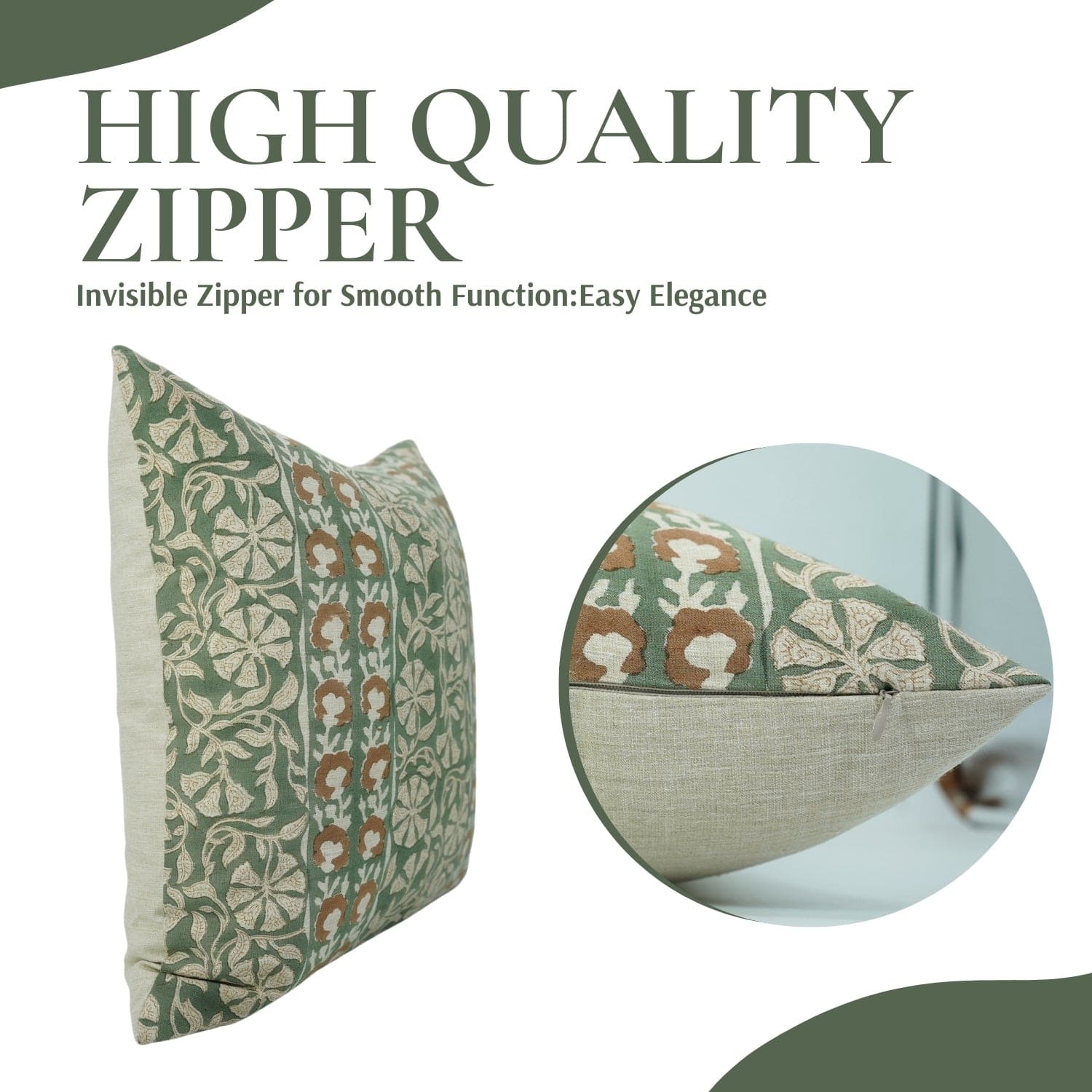 Handblock print Rajat Border cushion cover by Fab Divine, showing zippered closure on linen blend fabric