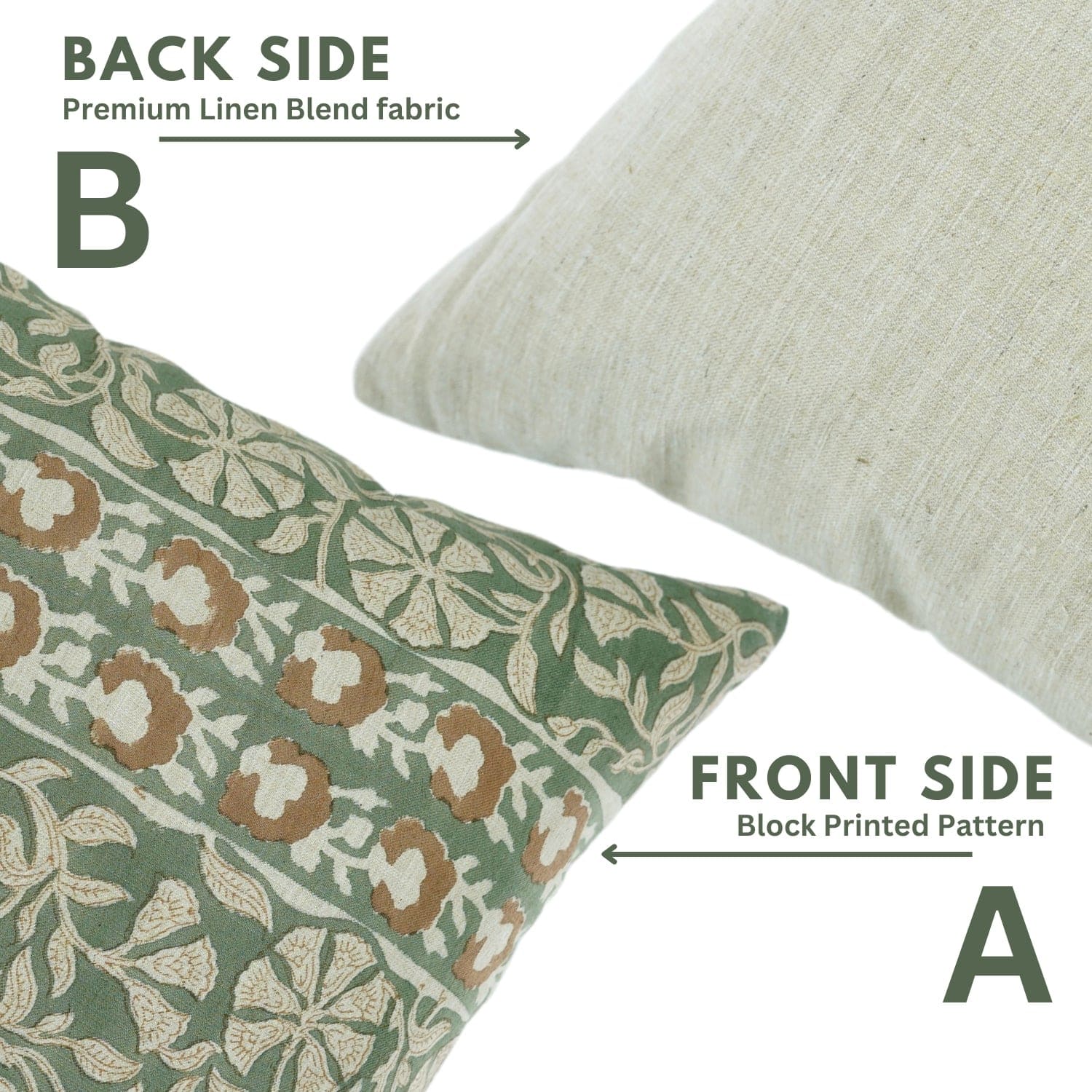 Front and back view of Fab Divine handblock print Rajat Border pillow cover, highlighting fabric and pattern