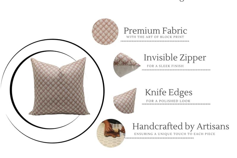 Decorative pillow with features listed on a white background

