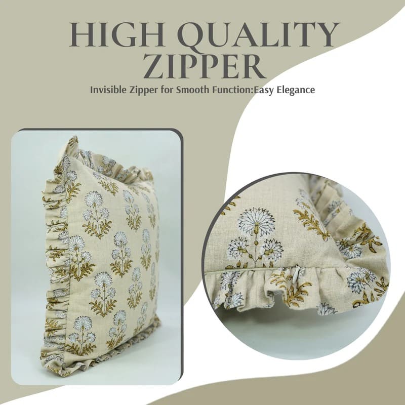 Block Printed Green Pure Linen Frill Throw Cushion
