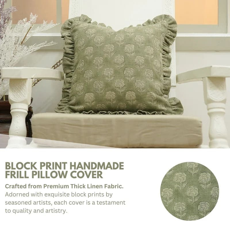 Floral Block Printed Linen Green Pillow Cover - Rohini