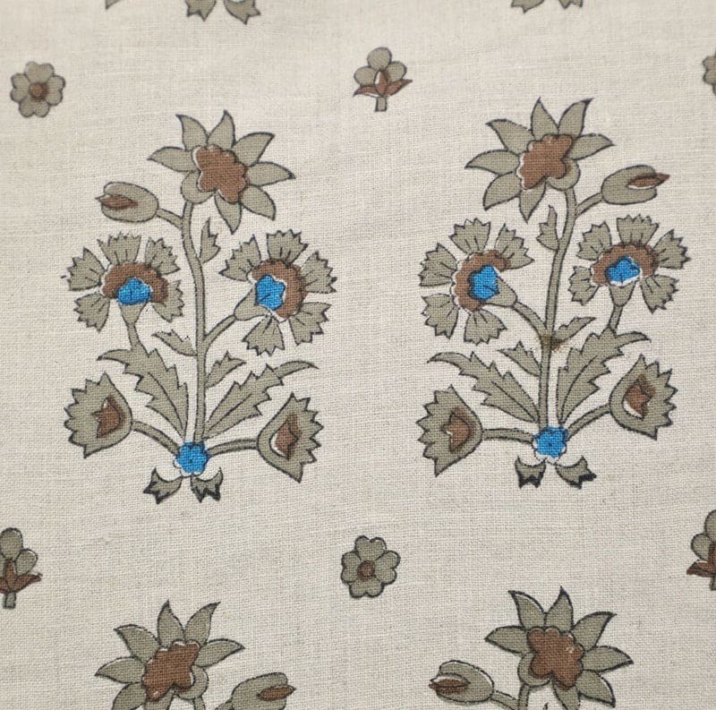Pattern of floral designs with blue centers on a beige background