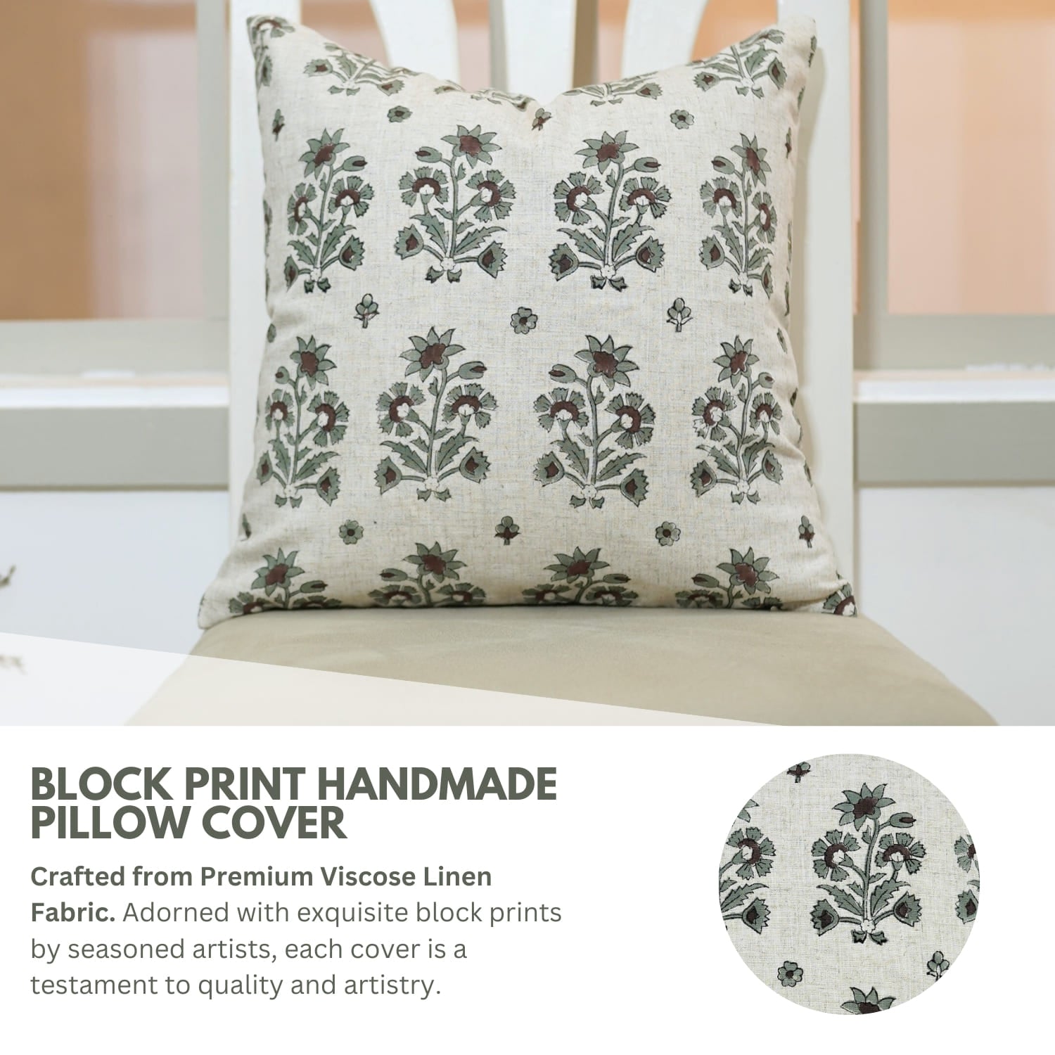 Block print handmade pillow cover on a bed 