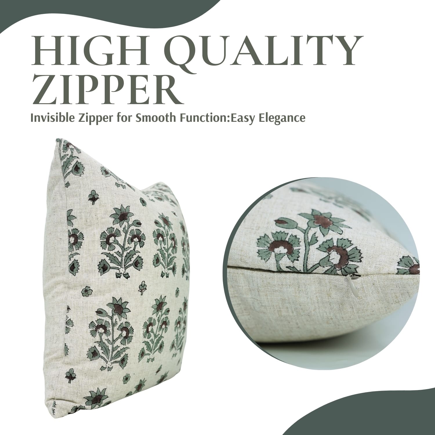 Floral-patterned pillow with an inset showing zipper detail, labeled 'High Quality Zipper'.


