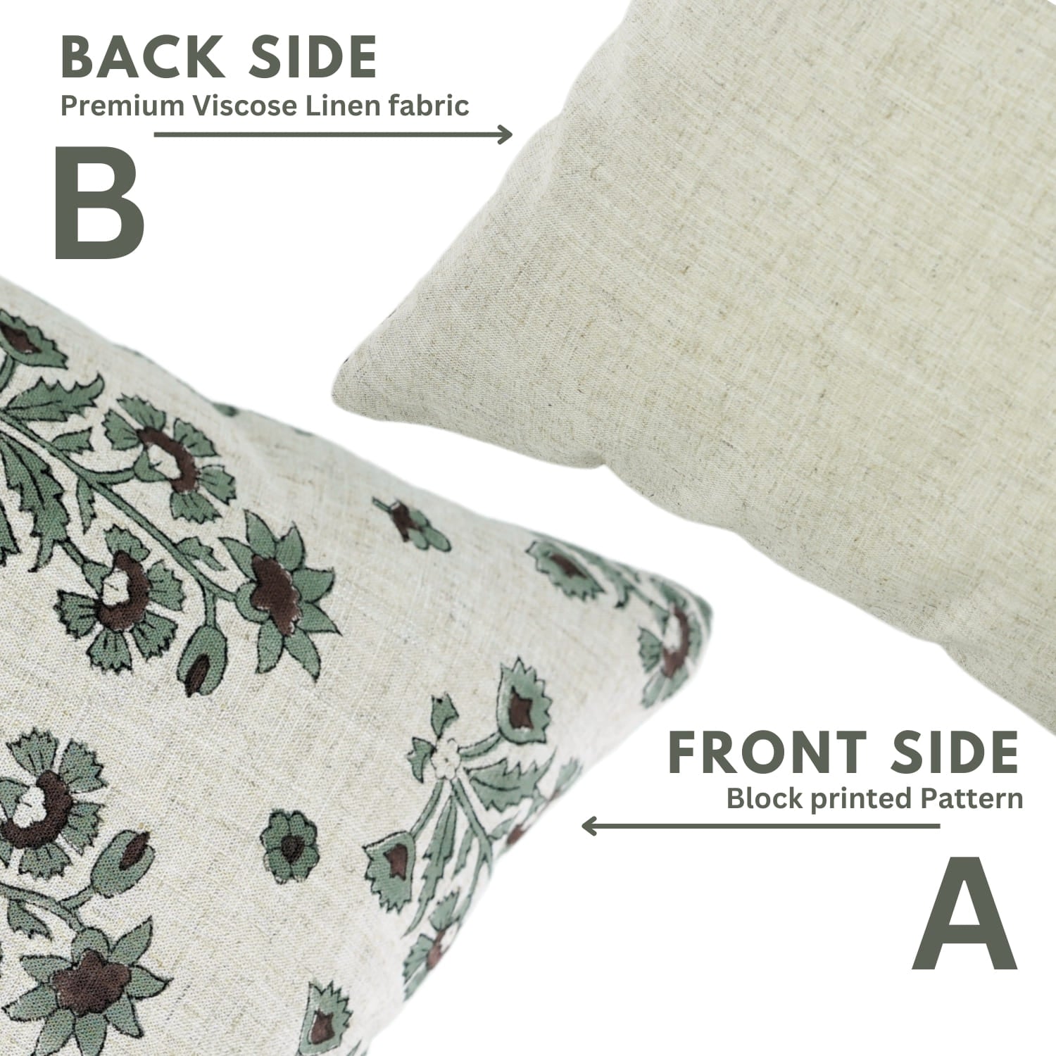 Two pillows showing front and back sides with floral pattern and plain fabric.