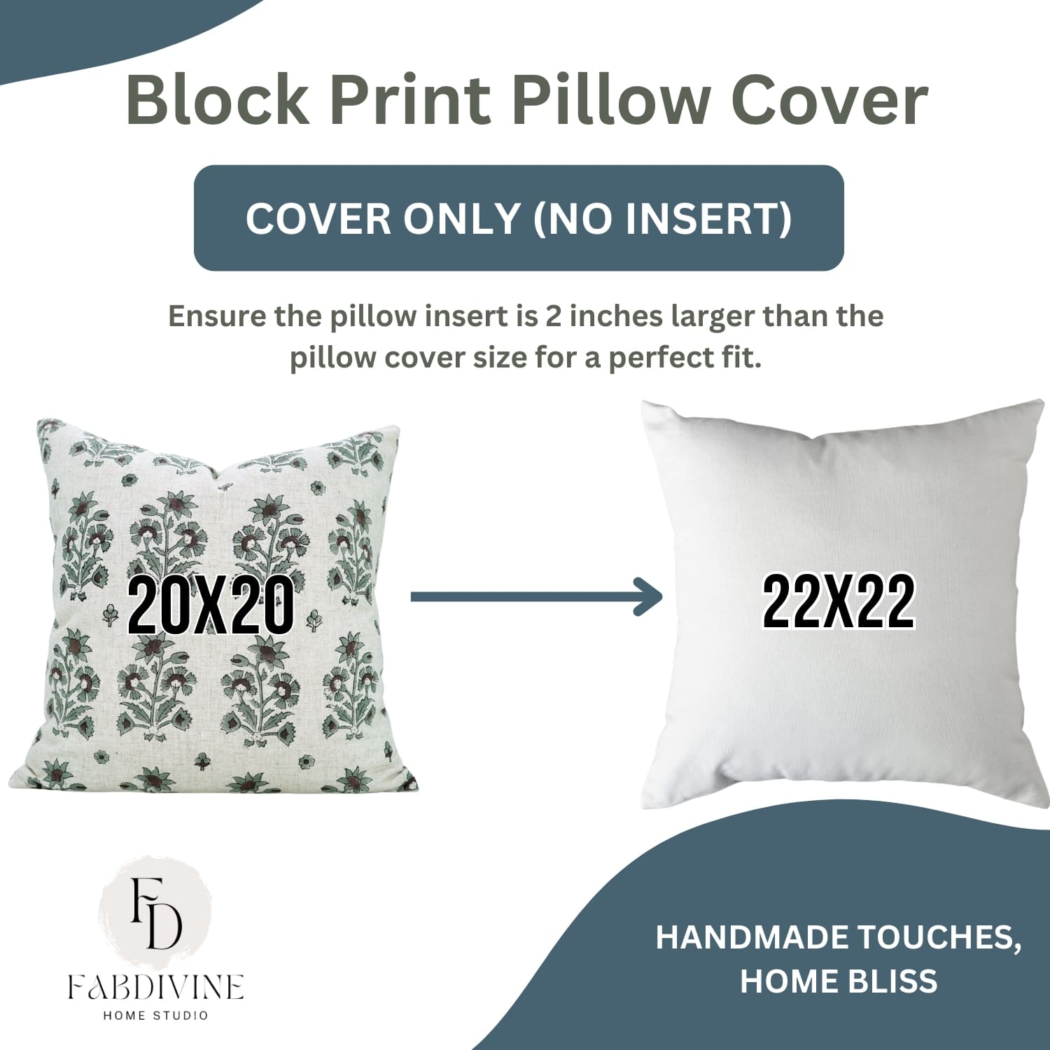 Block print pillow cover with dimensions and Fab Divine Home Studio branding.
