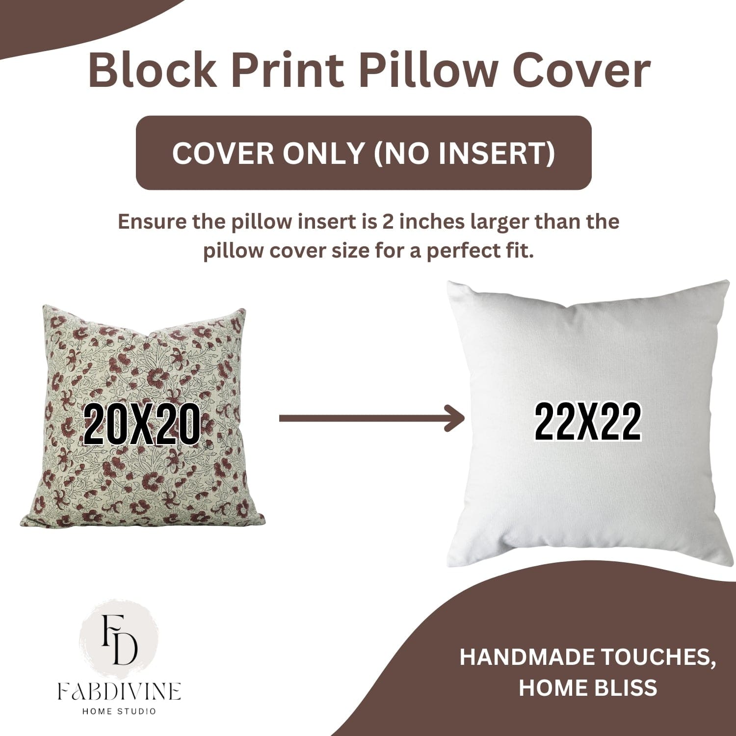 Block print pillow cover with dimensions 20x20 and 22x22, featuring FabDivine Home Studio branding.

