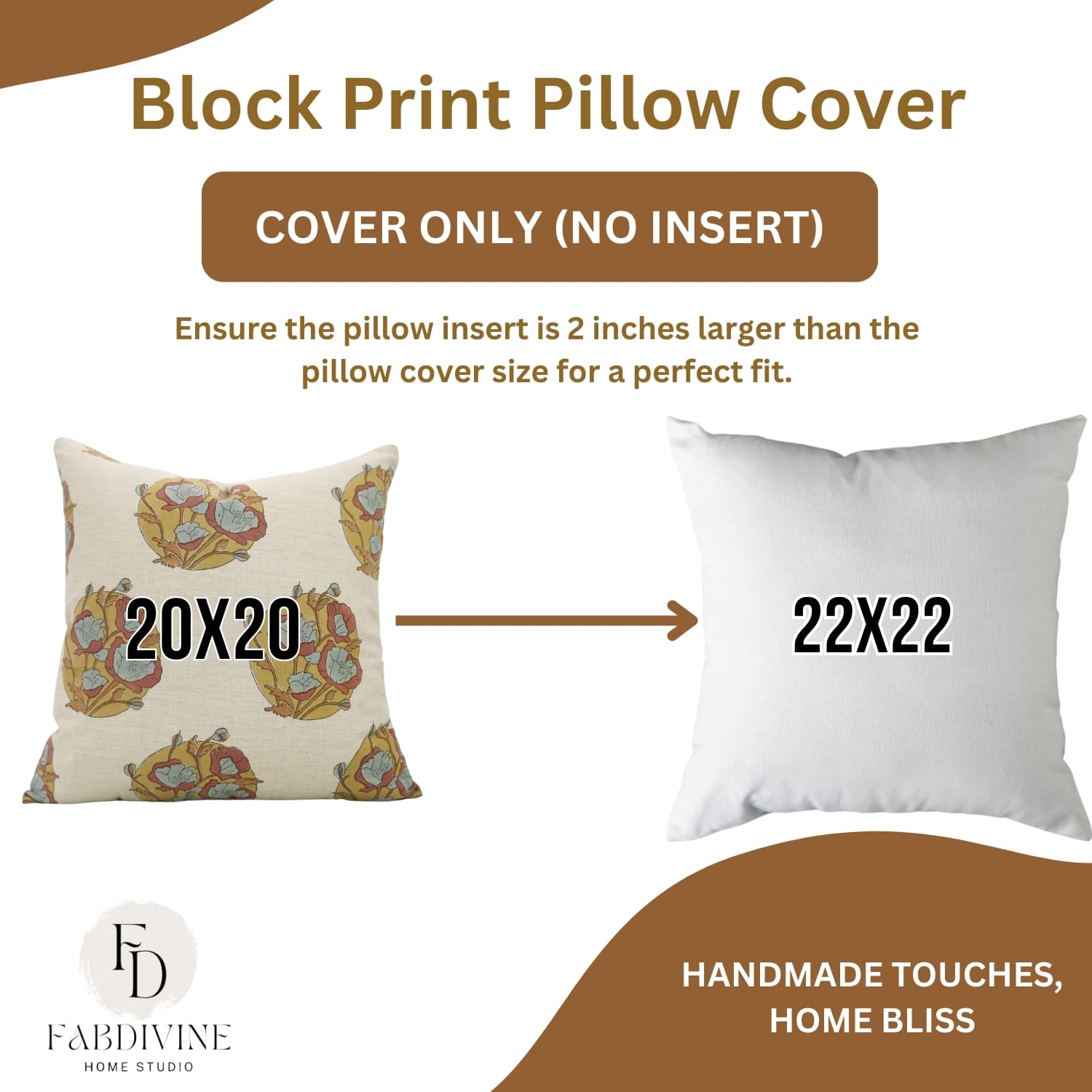Handblock print cushion cover by Fab Divine in Sandhya Pushap design, linen blend fabric
