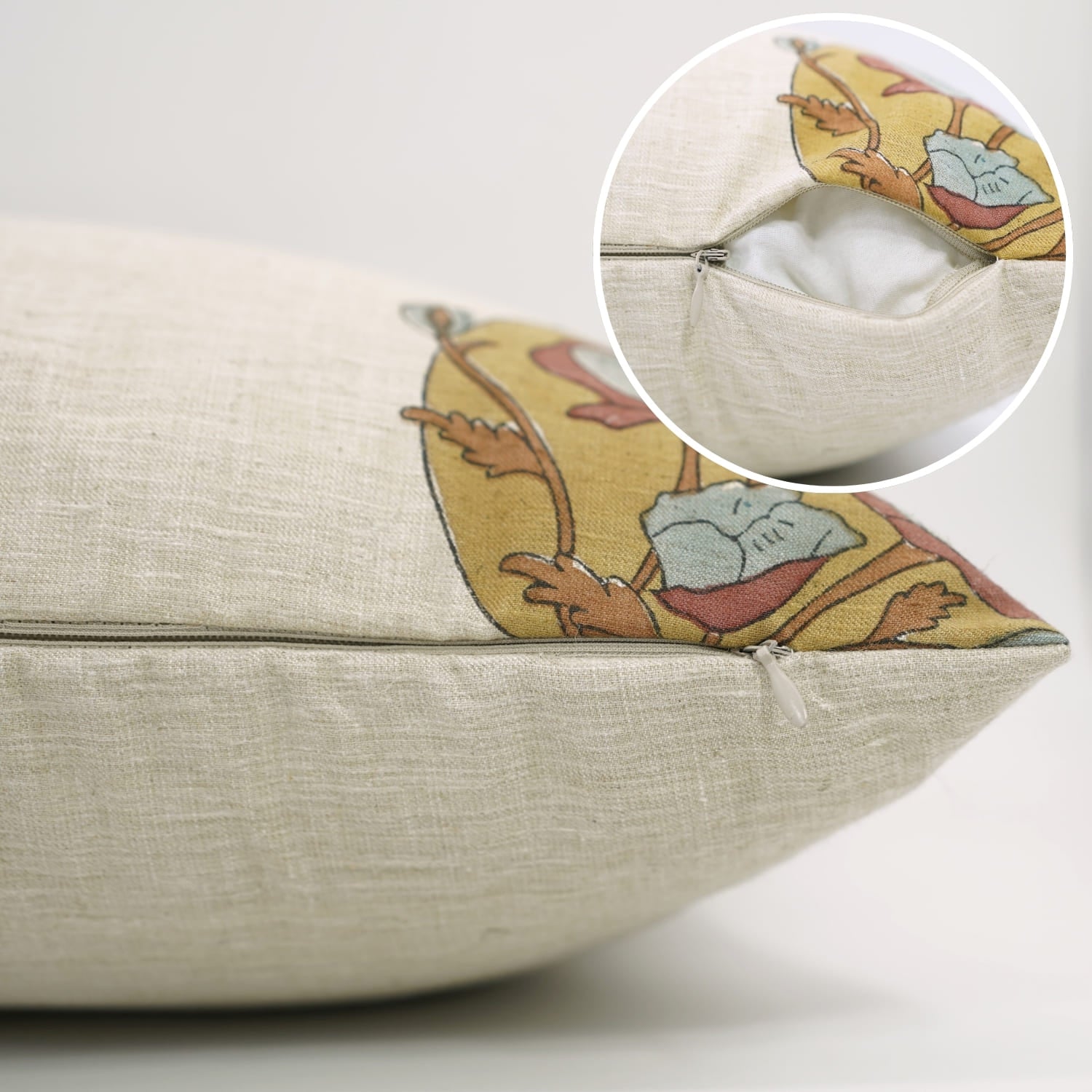 Handblock print Sandhya Pushap cushion cover by Fab Divine, linen blend fabric