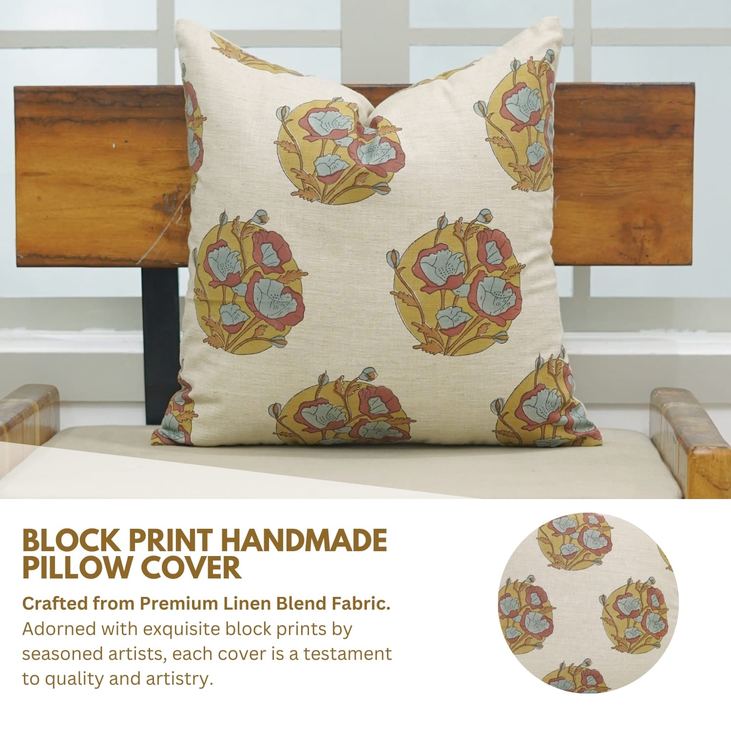 Handblock print decorative cushion cover featuring Sandhya Pushap motif by Fab Divine