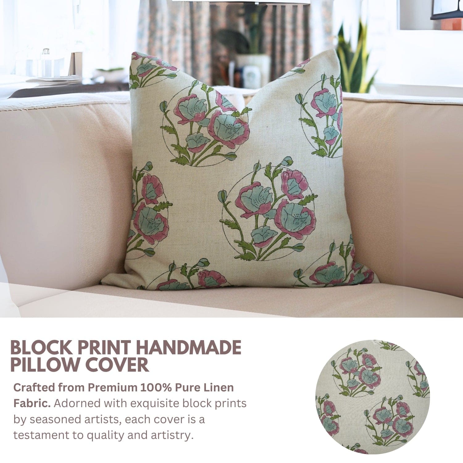 Full view of Fab Divine handblock print Sandhya Pushp cushion cover, displayed with home décor elements
