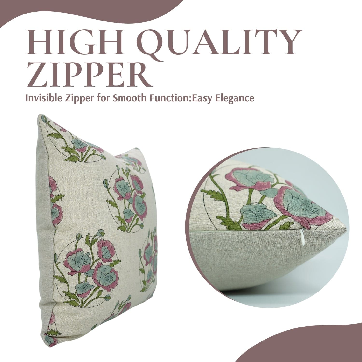 Handblock print Sandhya Pushp cushion cover by Fab Divine, showing high-quality zippered closure on pure linen