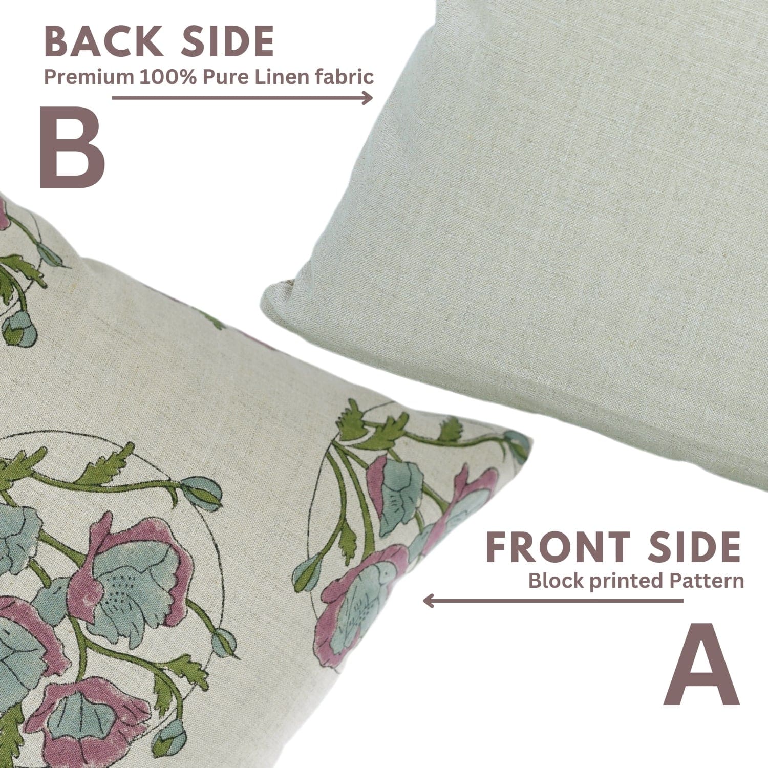 Decorative handblock print Sandhya Pushp cushion cover, front pattern and plain reverse by Fab Divine