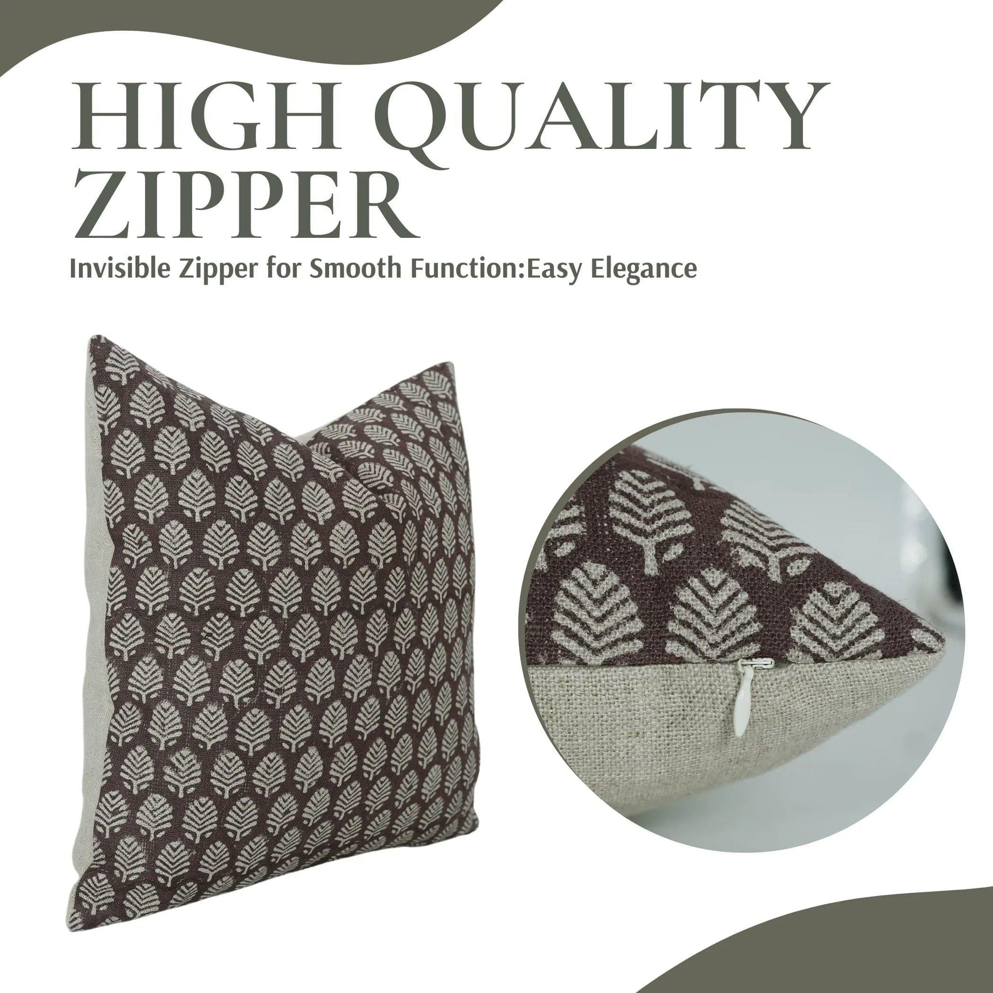 Decorative pillow with a zipper and leaf pattern 