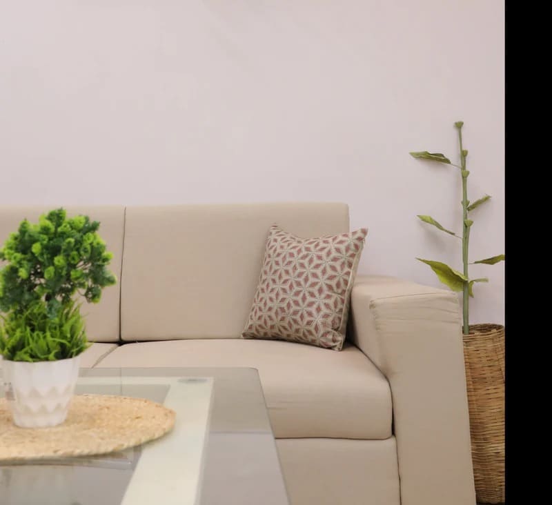 Beige sectional sofa with a patterned pillow, glass coffee table, and decorative plants in a minimalistic living room.

