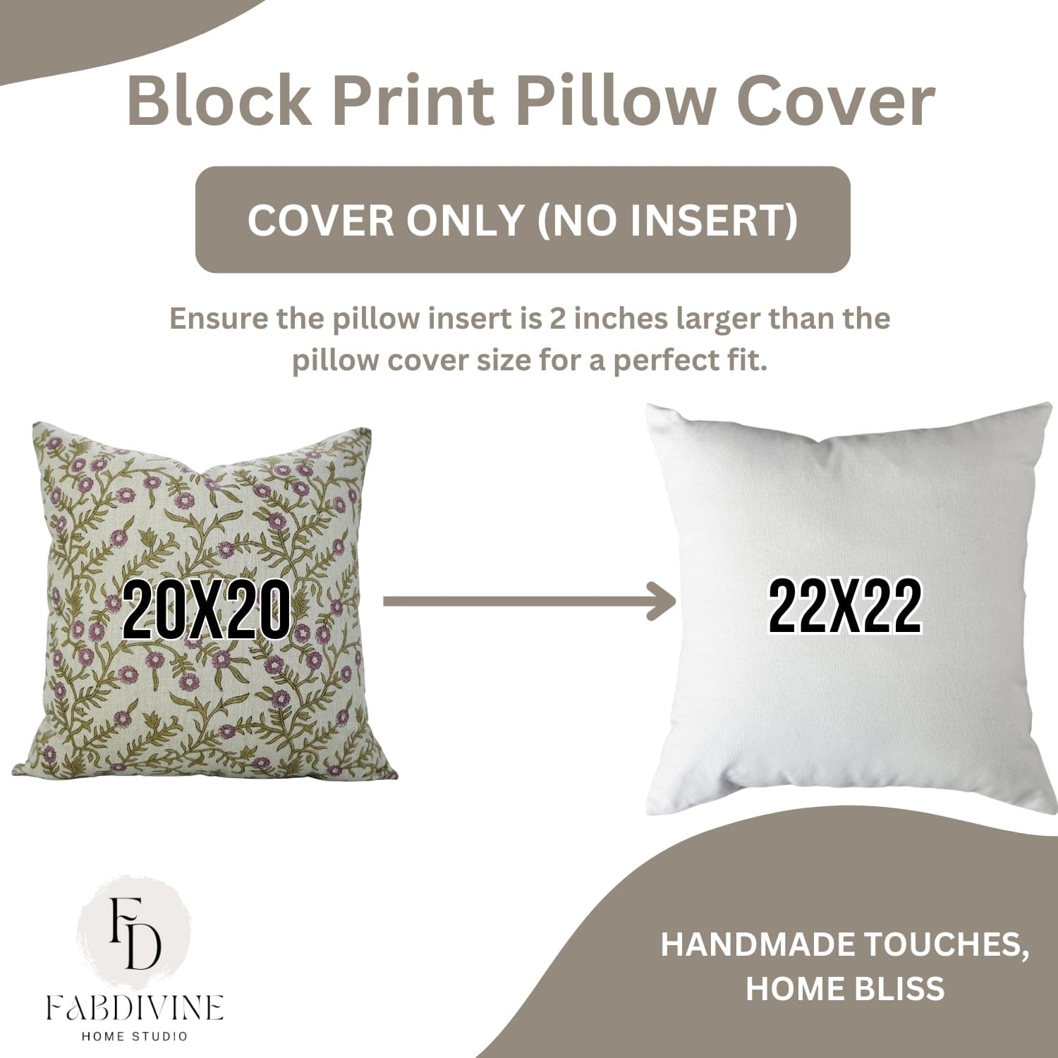 Block print pillow cover with dimensions and FabDivine branding

