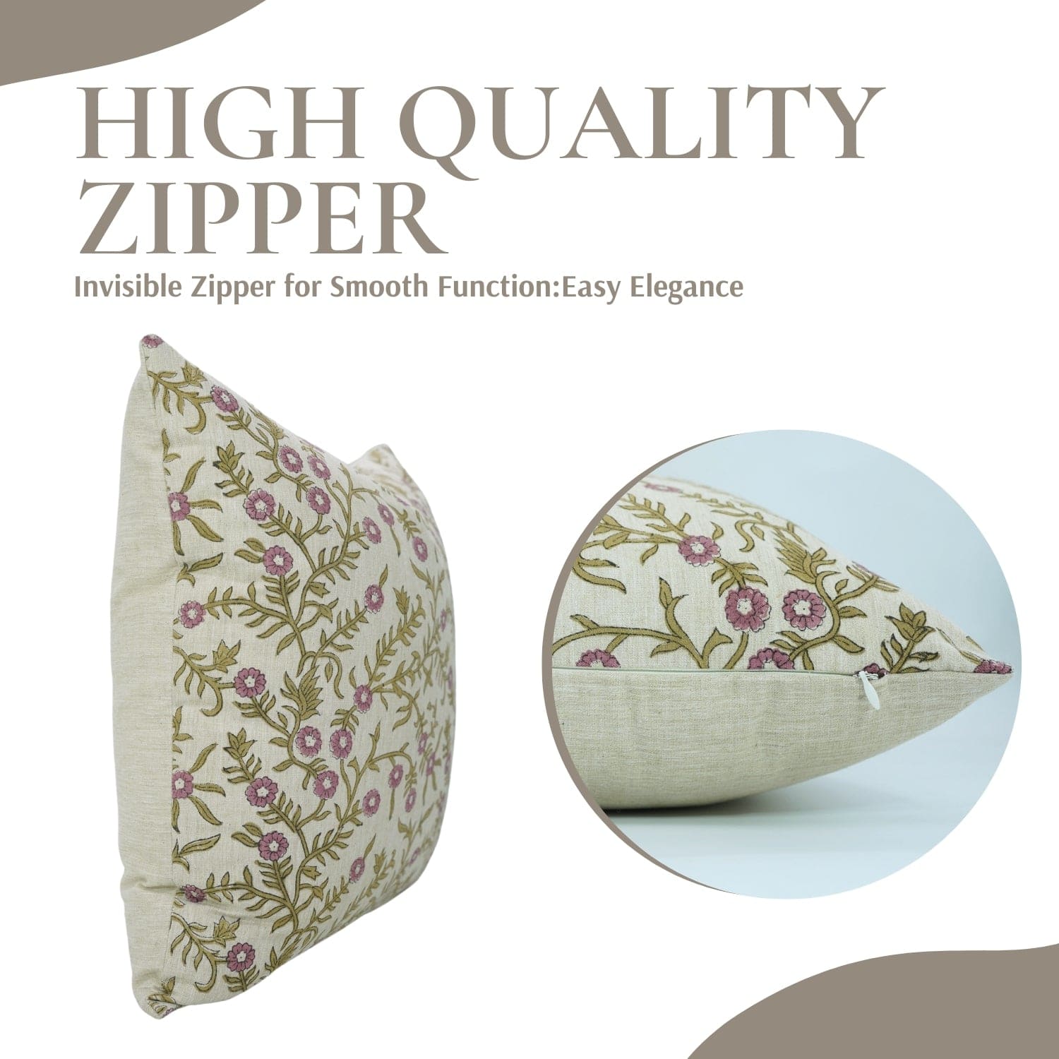 Decorative pillow with floral pattern and zipper, featuring text about high-quality zipper.