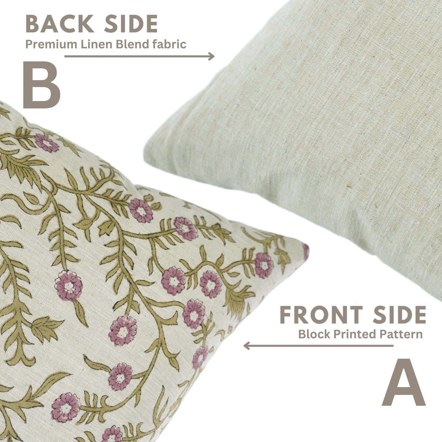 Two pillows showing front and back sides with floral pattern and plain fabric.