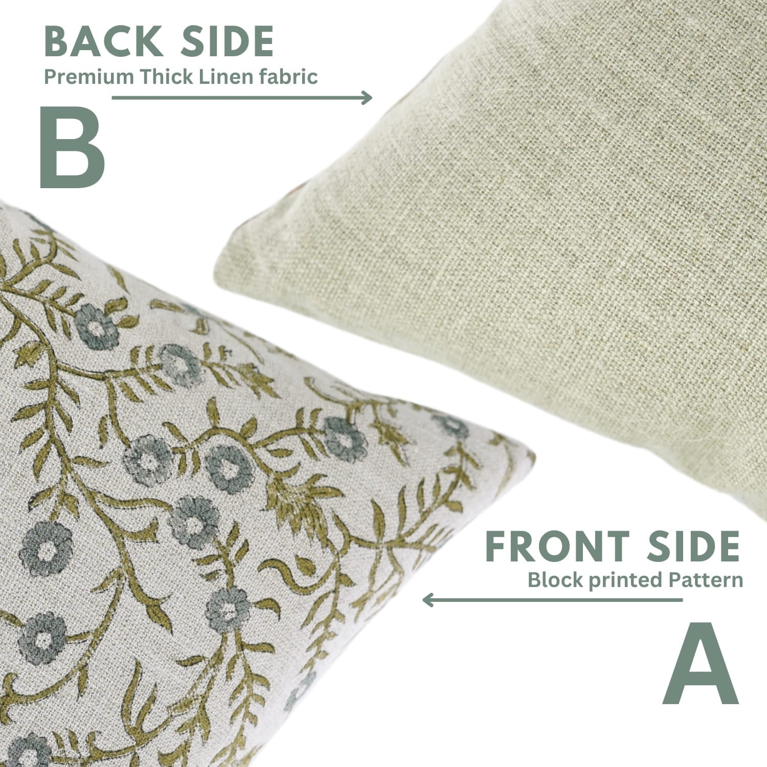 Two pillows showing front and back sides with floral pattern and plain fabric.