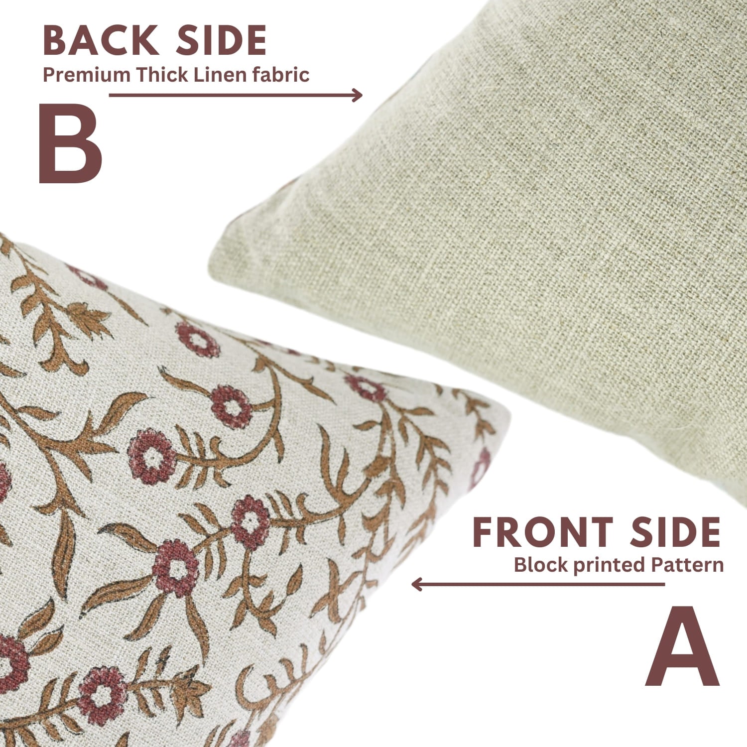 Two pillows showing front and back sides with floral pattern and plain fabric.