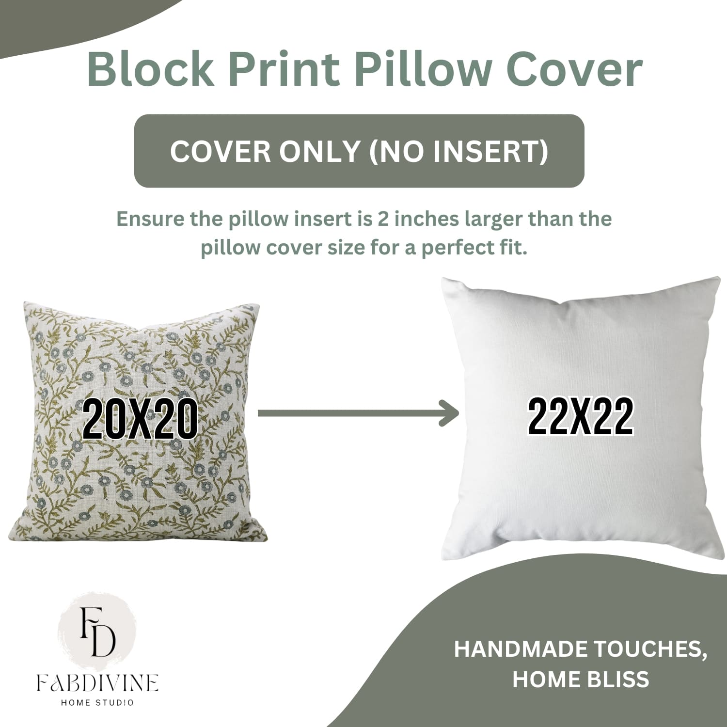 Block print pillow cover with dimensions 20x20 and 22x22, featuring FabDivine Home Studio branding.