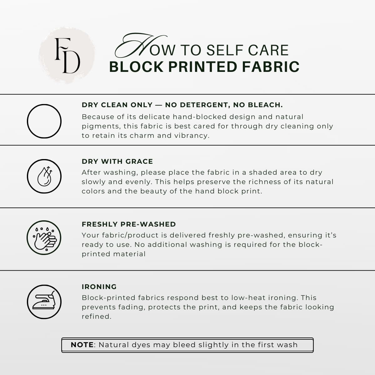 Instructions for self-care of block printed fabric with brand logo.