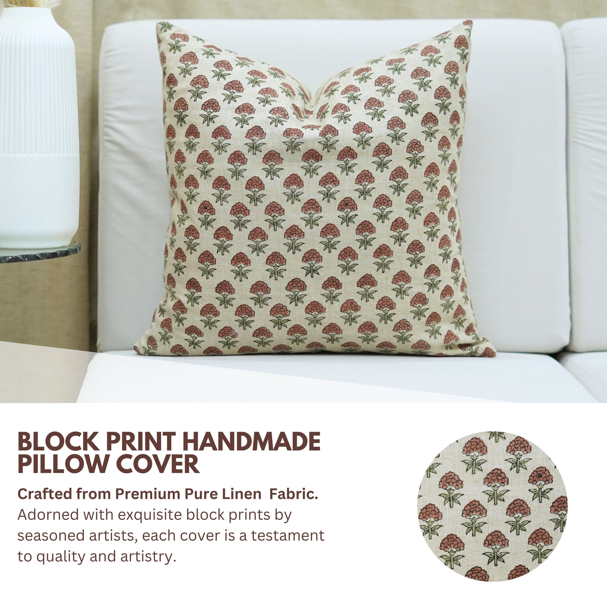 Block print handmade pillow cover on a white sofa with product description text.