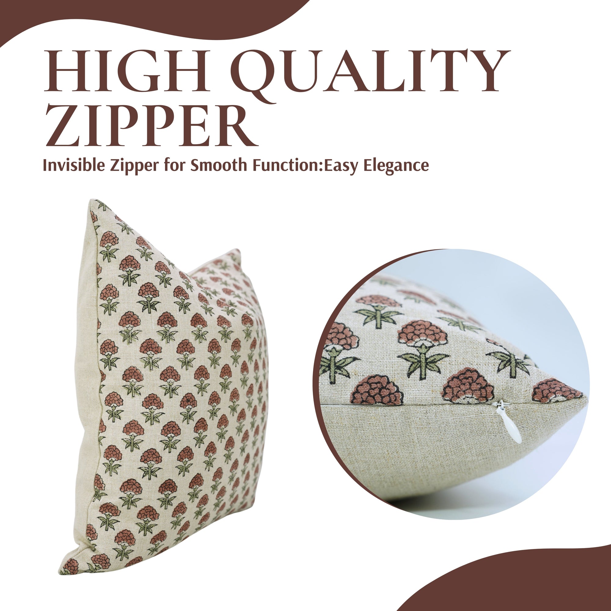 Decorative pillow with floral pattern and close-up of zipper on a white background