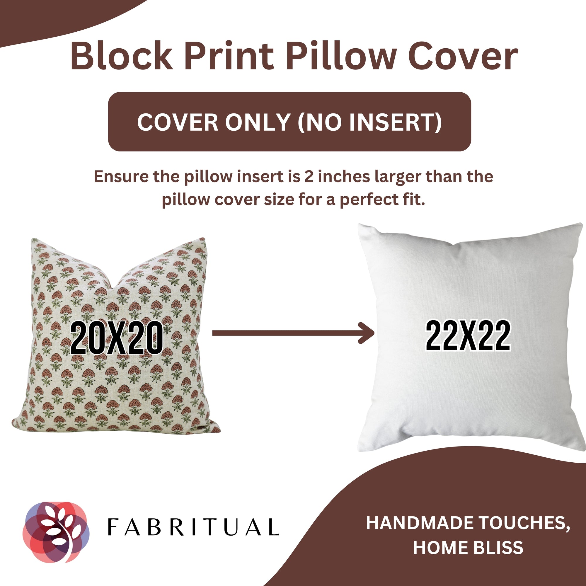 Block print pillow cover with size guide and Fabritual branding