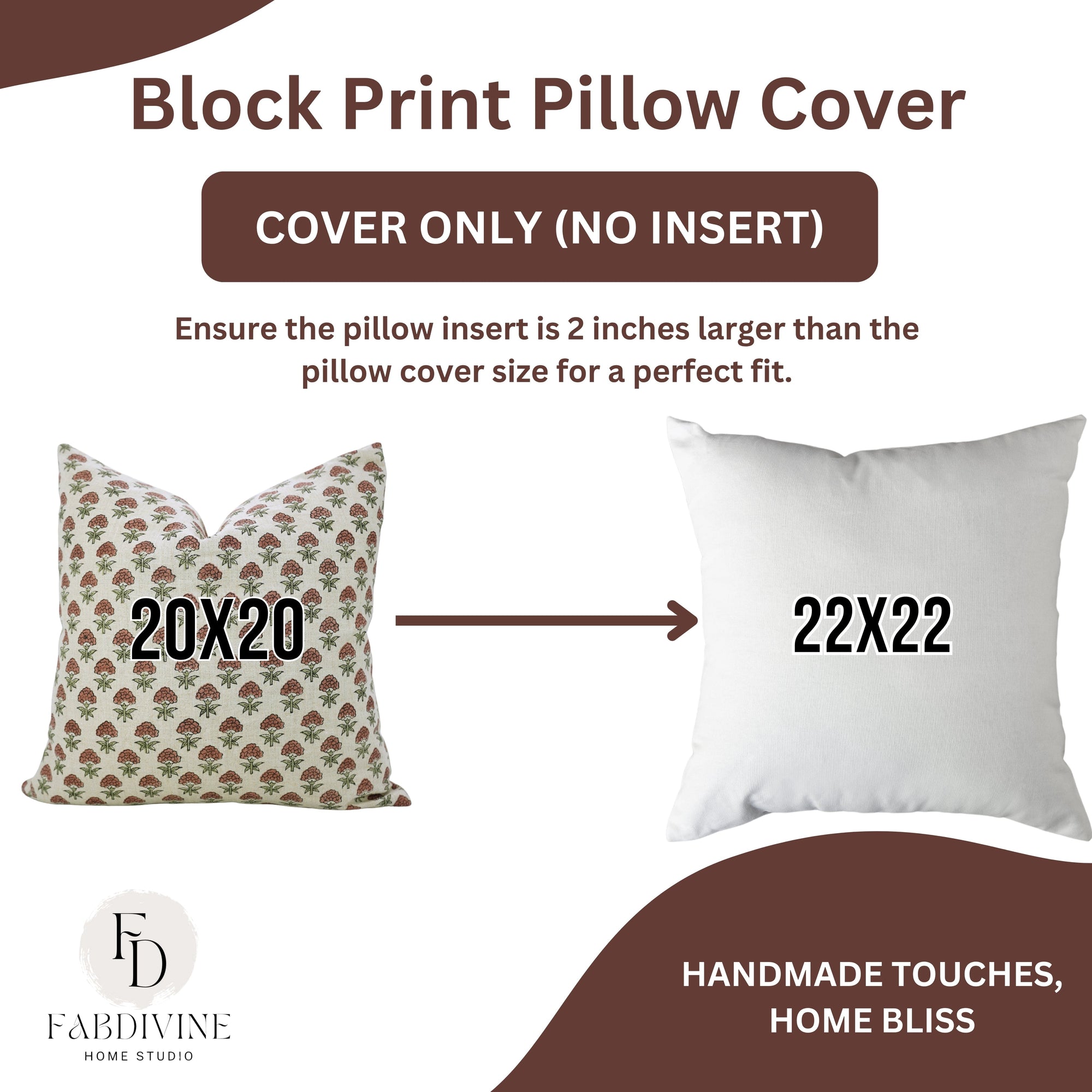 Block print pillow cover with size information and Fabdivine Home Studio branding.