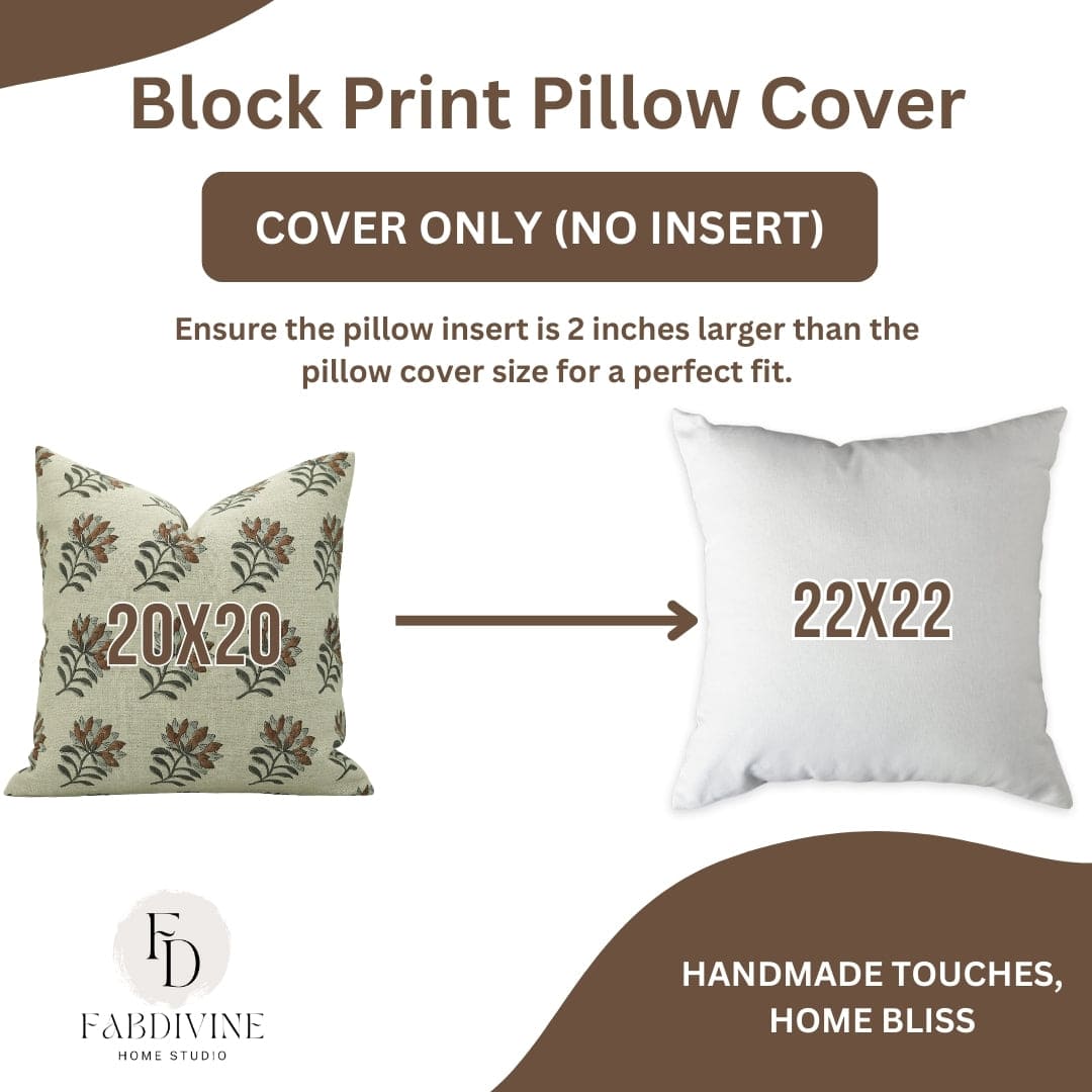 Handblock Brown Linen Pillow Cover - Summer Flower