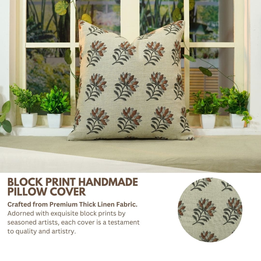 Handblock Brown Linen Pillow Cover - Summer Flower