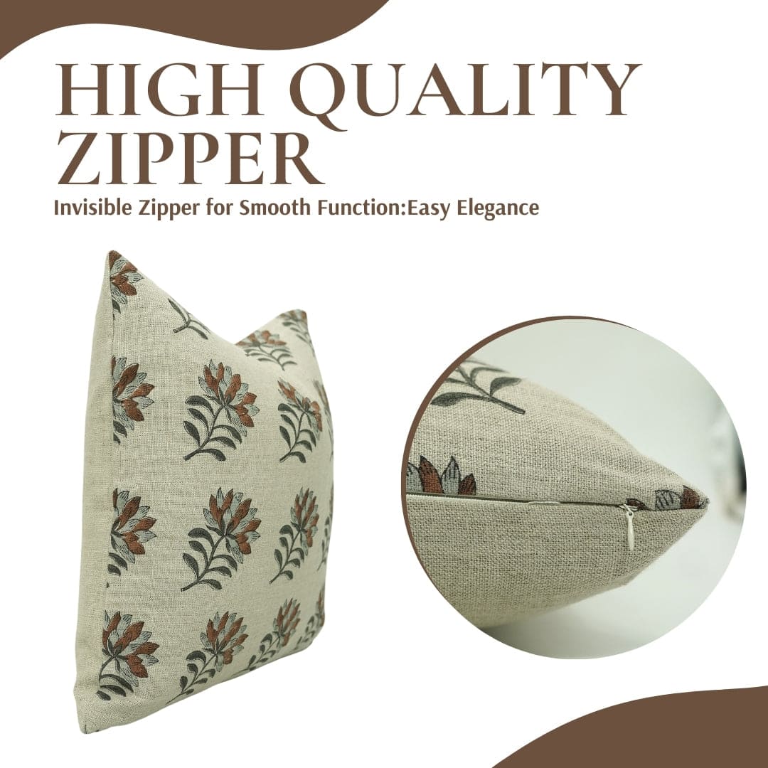 Handblock Brown Linen Pillow Cover - Summer Flower
