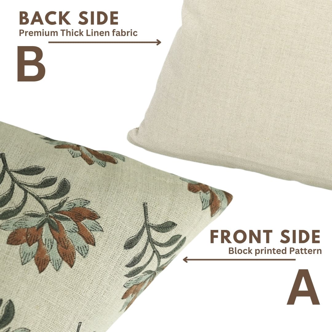 Handblock Brown Linen Pillow Cover - Summer Flower