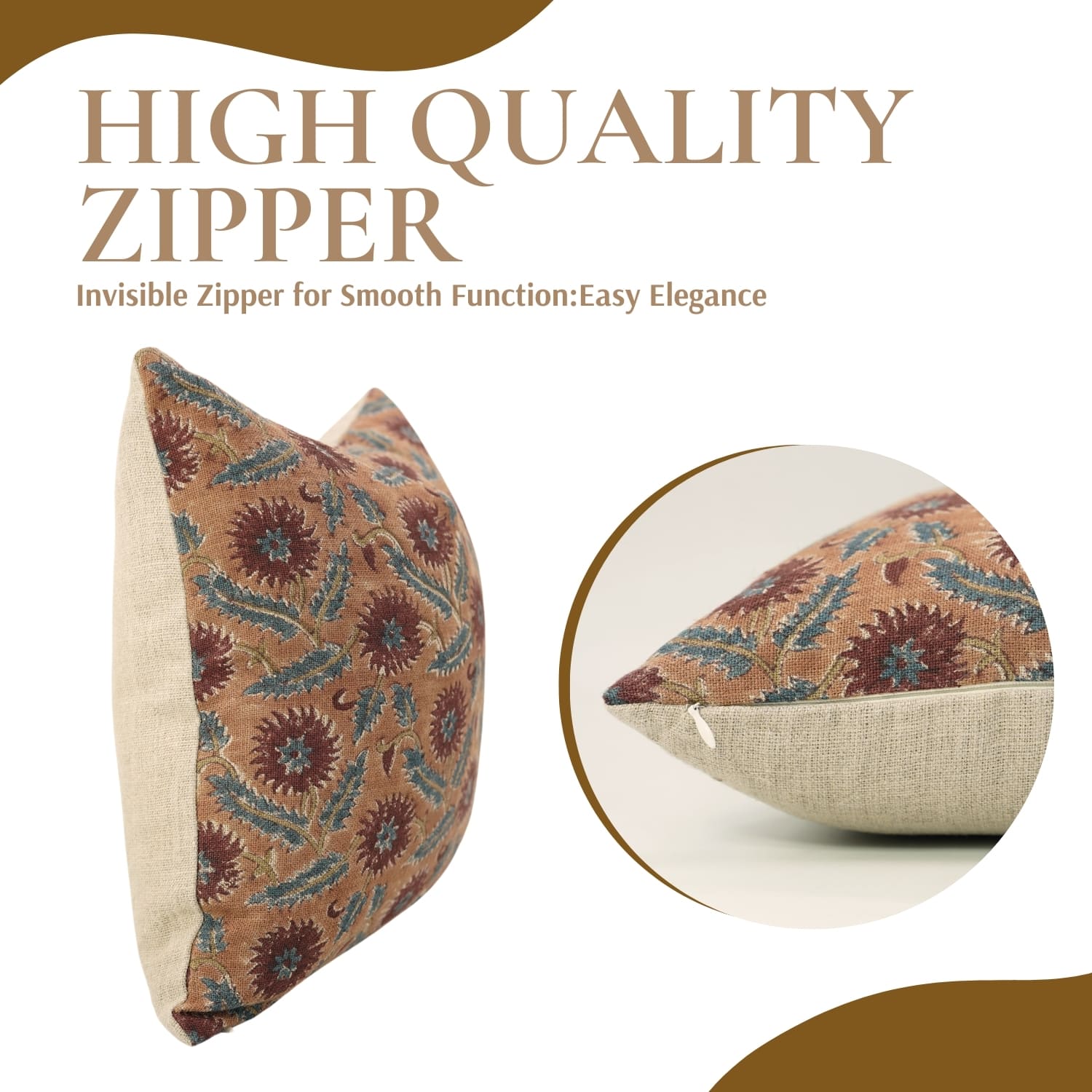 Decorative pillow with floral pattern and zipper, on a white background with text about high-quality zipper.