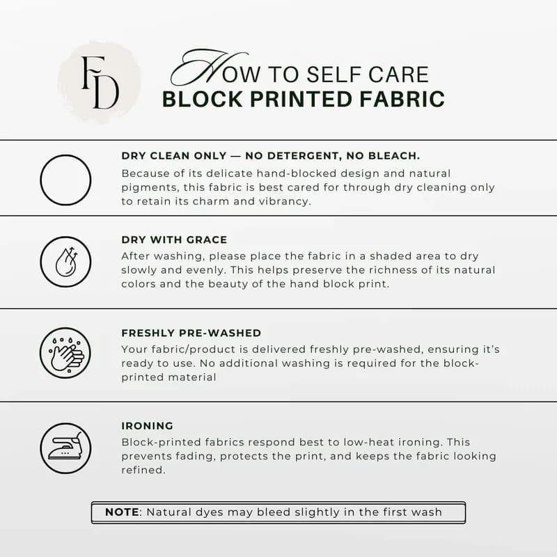 Care instructions for block printed fabric on a white background