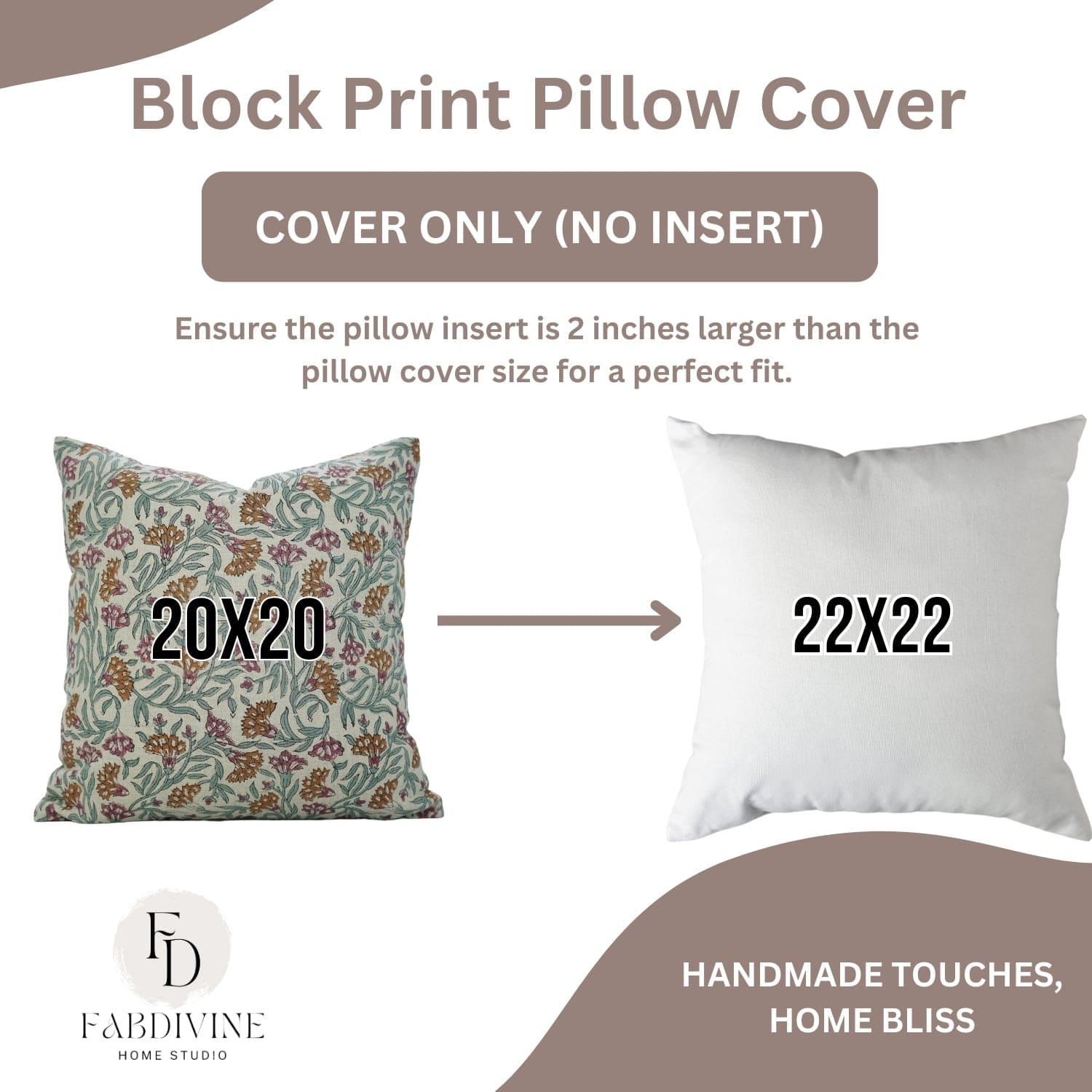 Handblock print Thorny Stems cushion cover by Fab Divine, displayed with size reference