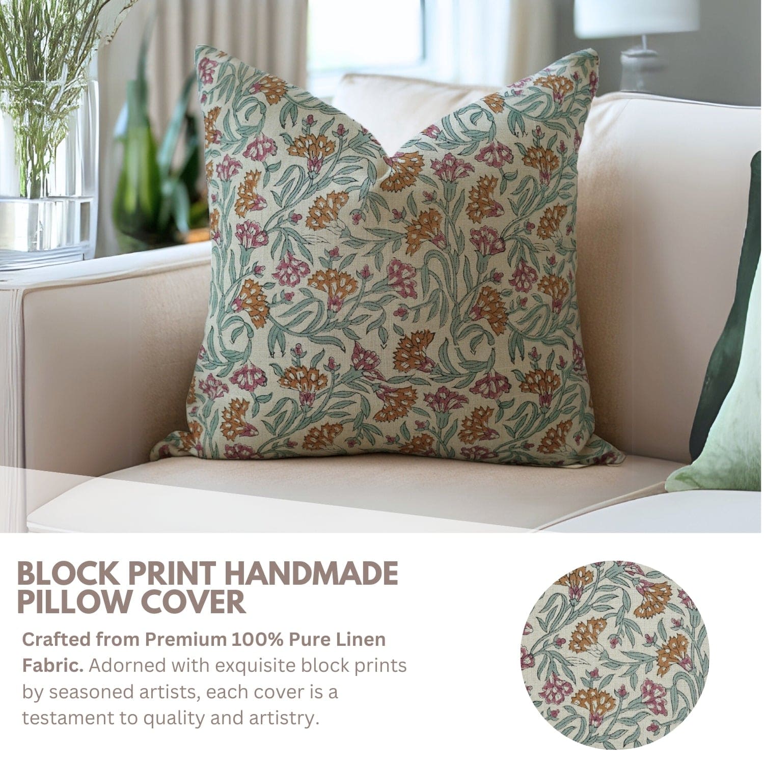 Decorative handblock print Thorny Stems cushion cover, full pillow view styled on bed or sofa