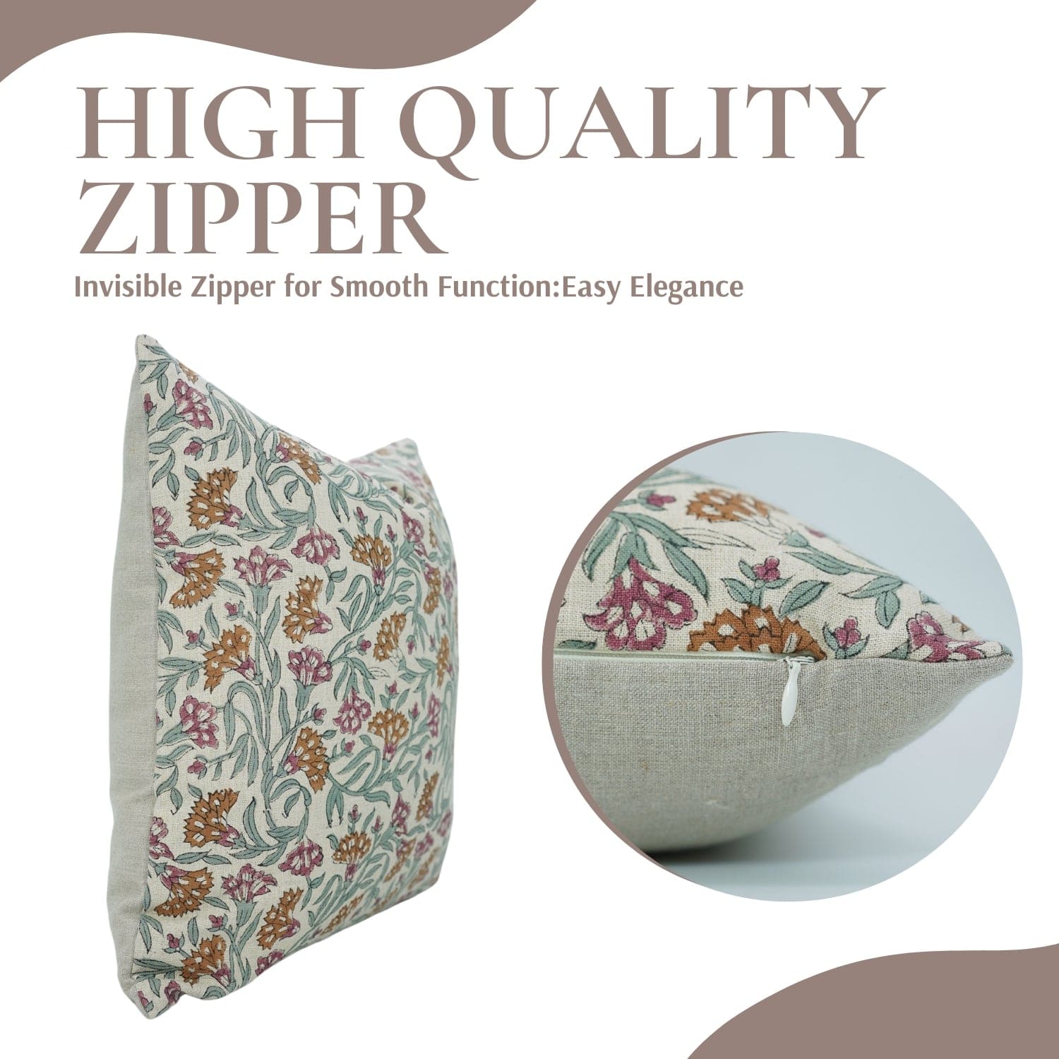 Handblock print Thorny Stems cushion cover by Fab Divine, showing zippered closure