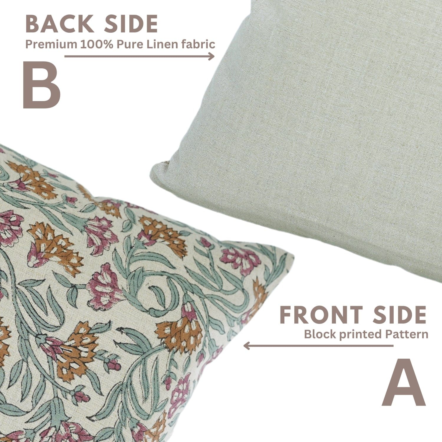Handblock print Thorny Stems cushion cover by Fab Divine, showing patterned front and plain back sides