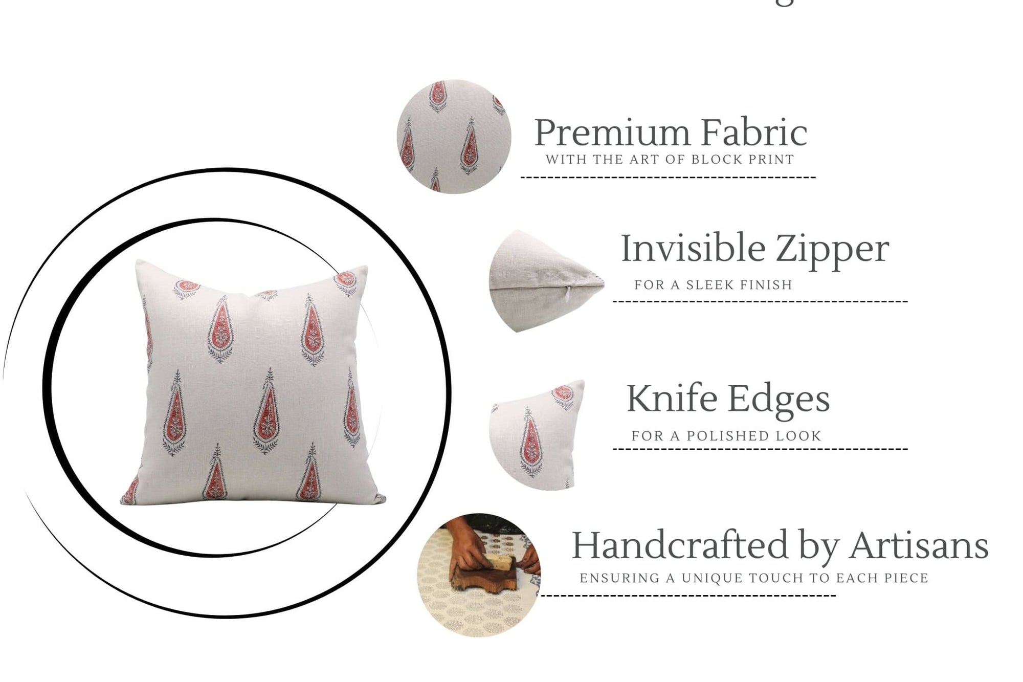 Decorative pillow with block print design on a white background, featuring text about product features.

